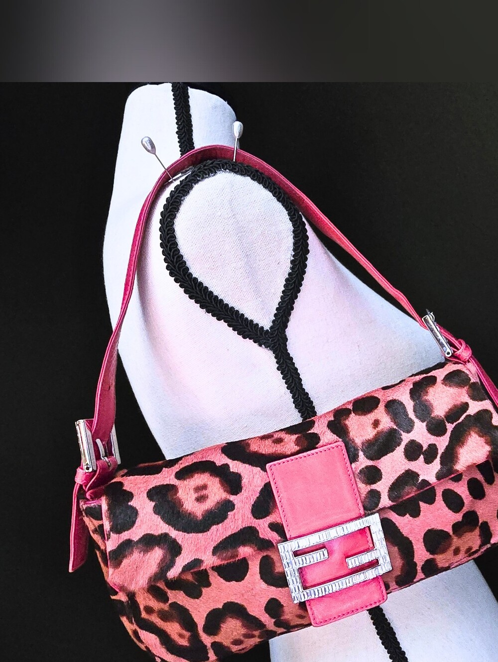 Fendi Baguette Vintage Pink Leopard Pony Hair Crystal Buckle Detail - Picture 16 of 16